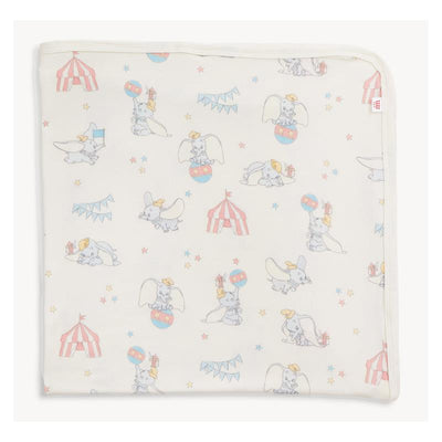 Modal blanket featuring Dumbo in a circus theme, adorned with colorful illustrations of elephants, tents, and stars.