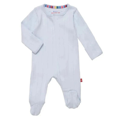 Blue pointelle baby footie with long sleeves, featuring a striped collar and front zip closure.