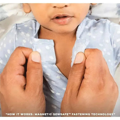 A baby in a blue pointelle footie is being dressed with hands demonstrating the magnetic fastening technology.