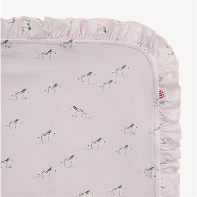 Pink Savannah Plains modal ruff blanket featuring a soft, ruffled edge and playful zebra pattern. One size.