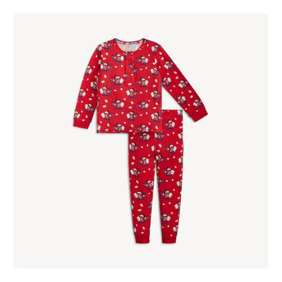 Red long sleeve pajama set featuring playful cocoa-themed designs, includes a top and matching pants.
