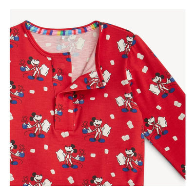 Red long sleeve pajama top featuring a playful Mickey Mouse print with gifts and marshmallows.