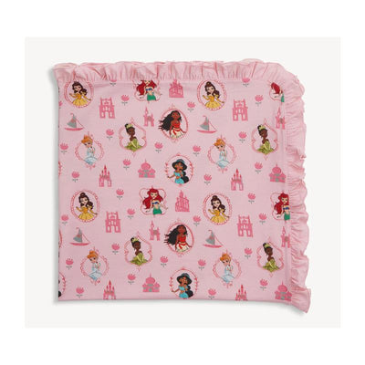 Baby blanket featuring a pink floral pattern with Disney princesses and castle illustrations, bordered with ruffled trim.