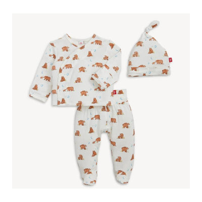 Three-piece baby outfit featuring a long-sleeve top, pants, and a hat, all adorned with bear and moon patterns.