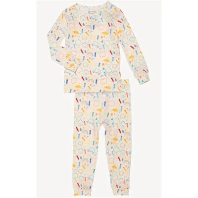 Long sleeve pajama set featuring a colorful doodle print with various childlike drawings on a light background.