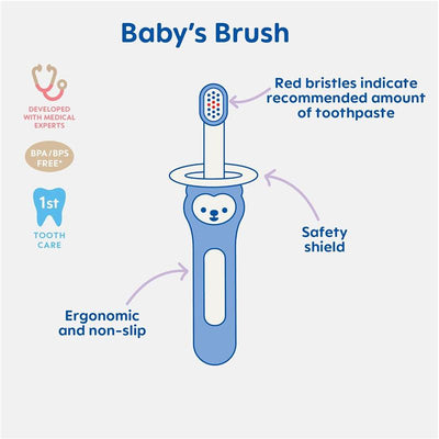 Two baby toothbrushes designed for boys aged 6 months and older, featuring a safety shield, ergonomic handle, and red bristles for toothpaste amount.