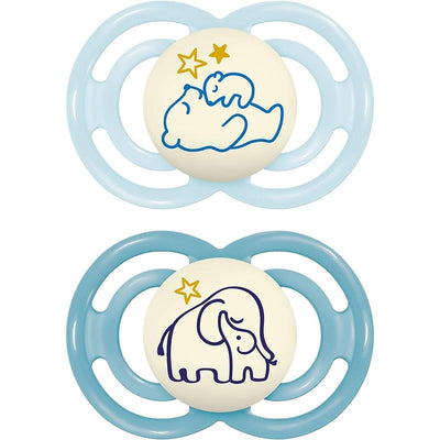 Two MAM baby pacifiers for boys, featuring a bear and elephant design with blue handles, suitable for ages 6-16 months.