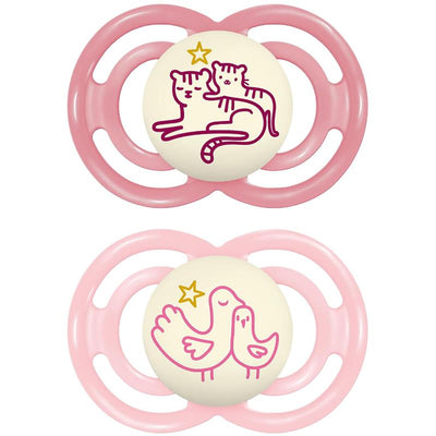 Two pink baby pacifiers with cute animal designs: one features two cats, the other two birds, suitable for girls aged 6-16 months.