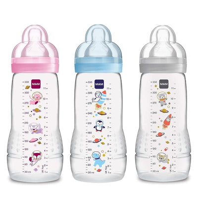 Two MAM anti-colic baby bottles, 11oz, in pink, blue, and clear, featuring playful designs and measurement markings.