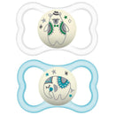 Two MAM baby pacifiers designed for ages 6 to 16 months, featuring a bear and elephant design, glow in the dark.