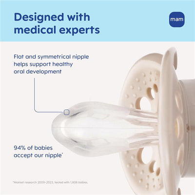 MAM 2Pk Original Matte Baby Pacifiers for 6 to 16 months, featuring a flat, symmetrical nipple for healthy oral development.