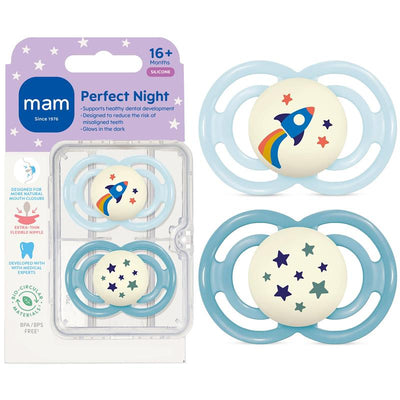 Premium MAM pacifiers for 16+ months, featuring a rocket and stars design, glow in the dark, with flexible nipples.