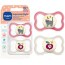 Set of two Mam Supreme Baby Pacifiers for girls, featuring a gray cat design and an apple design, suitable for 16 months+.
