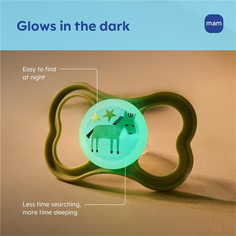 Glow-in-the-dark green pacifier featuring a cartoon horse and stars, ideal for easy nighttime visibility.