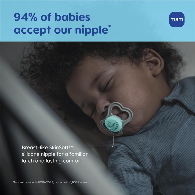 Mam 2Pk Supreme Baby Pacifier for girls, featuring a light teal silicone nipple, with text emphasizing baby acceptance and comfort.