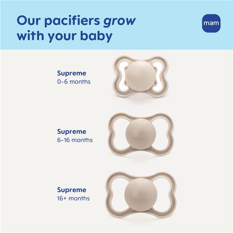 Three Mam Supreme pacifiers for different age stages: 0-6 months, 6-16 months, and 16+ months. Each features a premium extra thin nipple.
