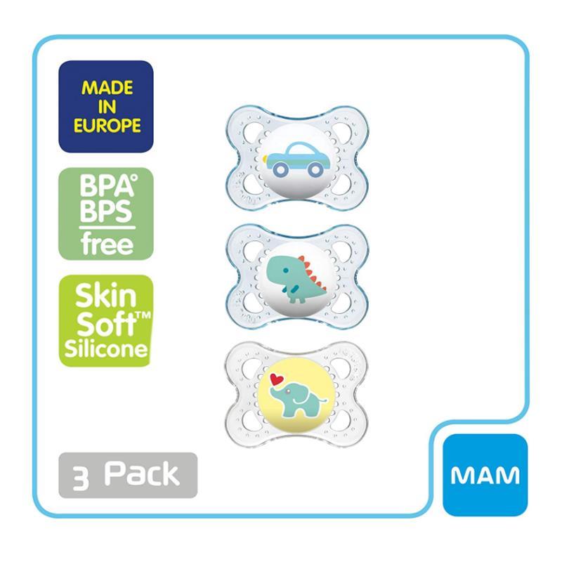 MAM 3-Pack 0-6M Silicone Pacifiers - Blue/Clear Image 2