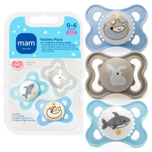 Silicone pacifier variety pack for boys, featuring designs of a fox, rabbit, and shark, suitable for 0-6 months, BPA-free.