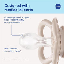 BPA-free Mam silicone pacifier features a flat, symmetrical nipple for healthy oral development, designed with medical experts.