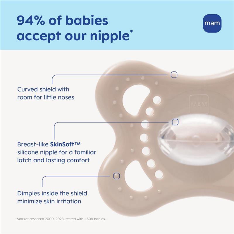 BPA-free Mam silicone nipple pacifier with a curved shield, breast-like design, and dimples to reduce skin irritation.