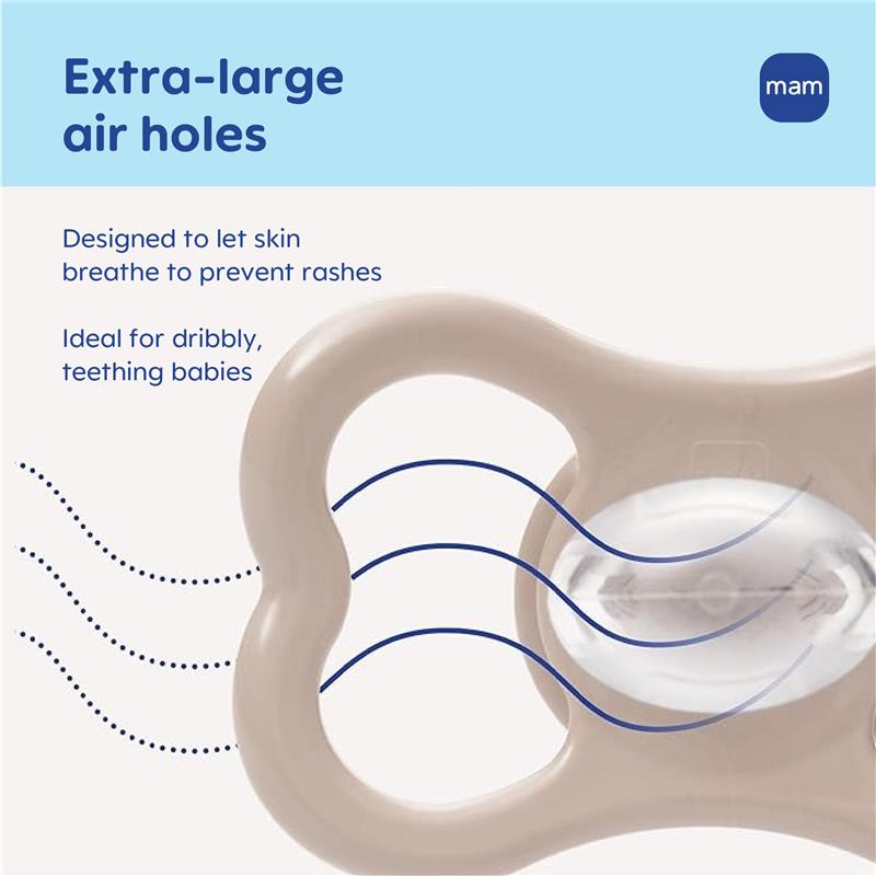 BPA-free Mam silicone pacifier with extra-large air holes, designed for dribbly and teething babies.