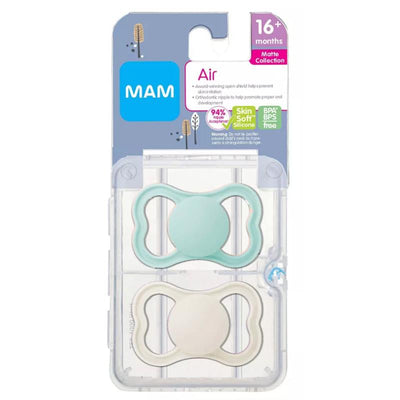 Two Mam Air Matte Pacifiers in mint green and cream, designed for infants 16 months and older, with BPA-free features.