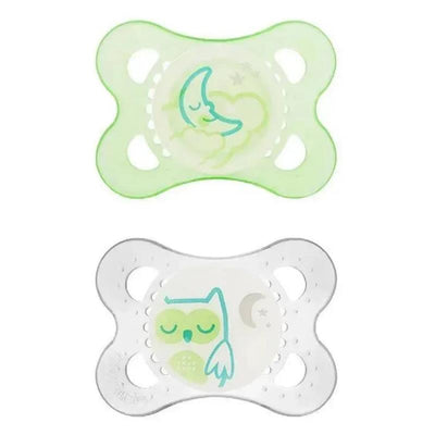 Assorted Mam 2Pk Air Night Pacifiers in green and white, featuring a moon and an owl design for soothing infants.