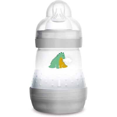 Mam Anti-Colic Baby Bottle, 5 oz, features a clear design with playful dinosaur graphics and a slow flow nipple.