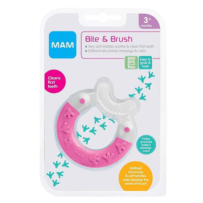 Bite & Brush teether by MAM for ages 3+ months, featuring soft bristles for cleaning teeth and soothing gums in pink and clear design.
