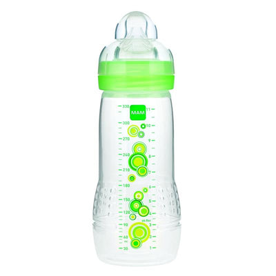 Clear plastic baby bottle with a green cap and a measurement scale, designed for easy grip. Suitable for infants 4 months and older.