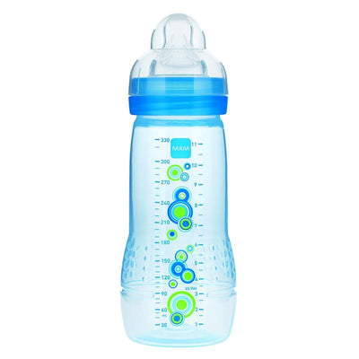 BPA-free MAM 11 oz baby bottle for 4 months+, featuring a clear design with blue accents and measurement markings.