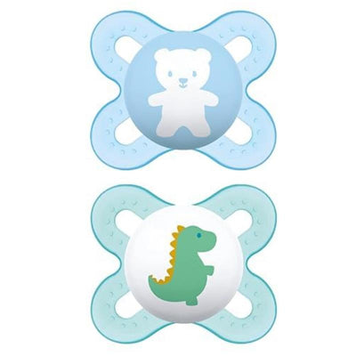 Two baby pacifiers designed for boys; one features a bear design and the other a dinosaur design, suitable for newborns 0-3 months.