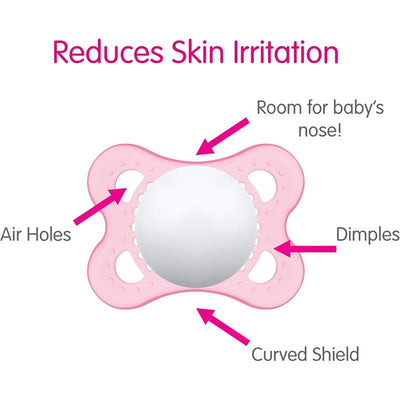Mam Love & Affection pacifier features a pink design with air holes, a curved shield, dimples, and notes on usability.