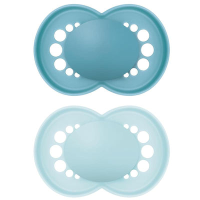 Matte non-decorative baby pacifiers in two shades of blue, designed for boys aged 16 months and older.