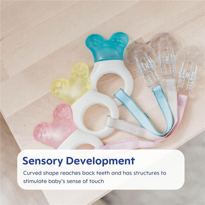 Mini cooler teether toys in pink, yellow, and blue, with clips for attachment, promoting sensory development for babies.
