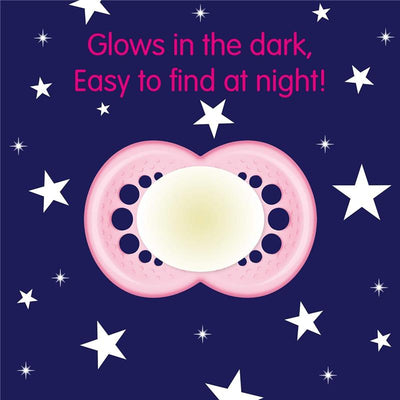 Pacifier design featuring a pink glow-in-the-dark baby pacifier on a starry night background with text highlighting its visibility at night.