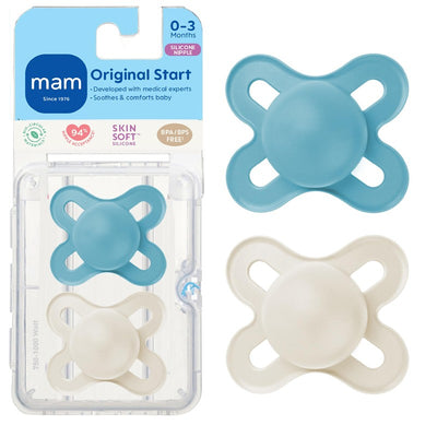 MAM Original Start matte baby pacifiers for 0-3 months, featuring a BPA-free skin soft silicone nipple in blue and white.