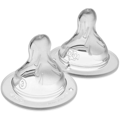 Two Mam silicone nipples, fast flow, size 3, designed for baby bottles; clear with a round base and textured surface.