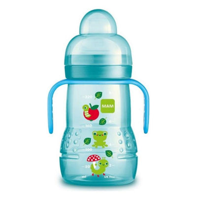 8 oz training cup with two handles, clear blue design, featuring colorful animal graphics and measurement markings.