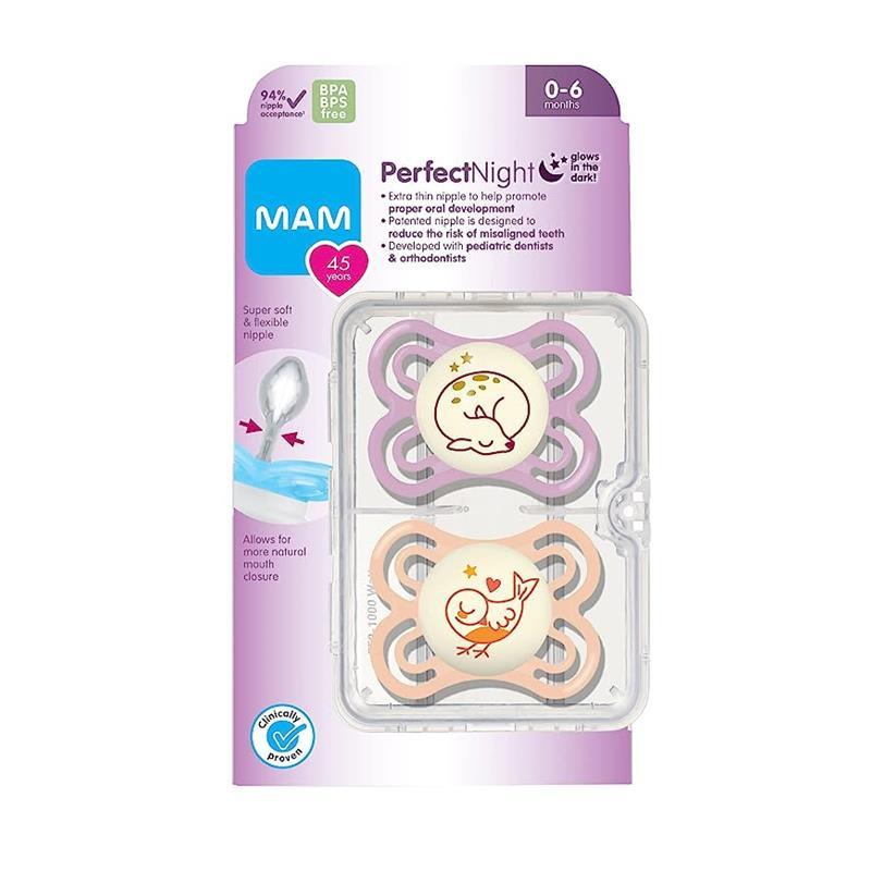 MAM's 2-Pack 0-6 months Perfect Night Pacifiers - Pink/Purple Image 2
