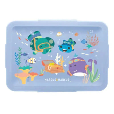 Bento box featuring colorful sea life illustrations, including fish and treasure, by Marcus & Marcus.