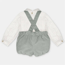 Woven fabric outfit with straps, featuring a plaid long-sleeve shirt and green shorts, suitable for children.