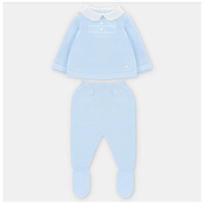 Pastel blue sweater with a white collar and buttons paired with matching knitted leggings with footed design.