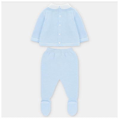 Pastel blue sweater and leggings set featuring a collared sweater with buttons and matching footed leggings.