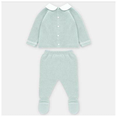 Pastel blue knit sweater and leggings set featuring a collared top and footed pants, ideal for infants.