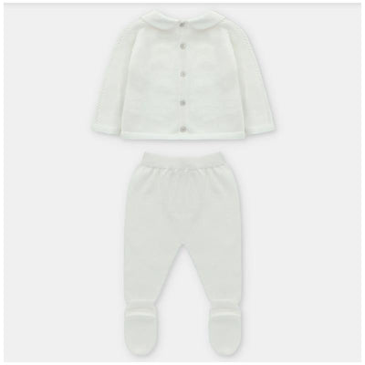 Beige knit sweater with a collar and buttons alongside matching leggings with footed design.