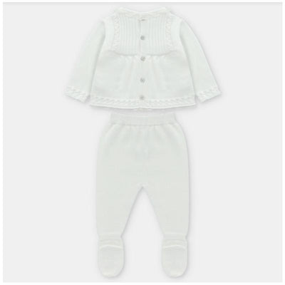 White knitted sweater and leggings set for infants, featuring a button-up cardigan and footed pants.