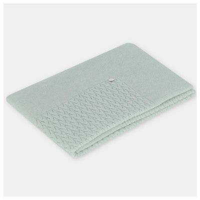 Knit baby blanket in ocean blue, featuring a textured pattern and a decorative button detail. One size.