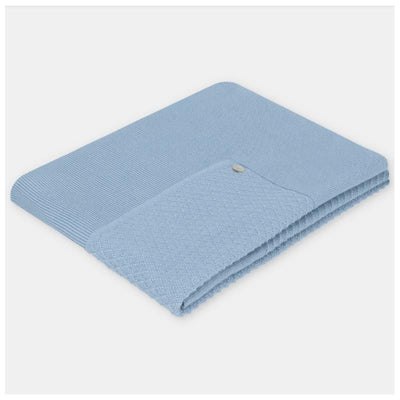 Knit baby blanket in light blue with textured pattern and a decorative button, suitable for infants.