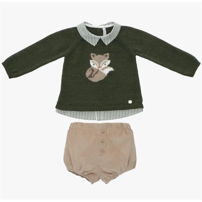 Martin Aranda - Baby Boy Set Sweater With Mock Shirt & Bloomer Little Fox, Green Image 1